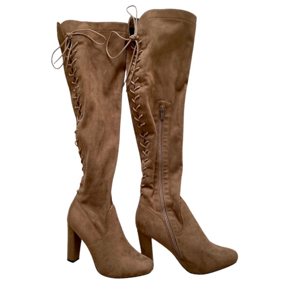 Fashion Nova Brown Suede Over The Knee Lace Up Boot Block Heel Zola Vonnie Boot - Picture 7 of 16